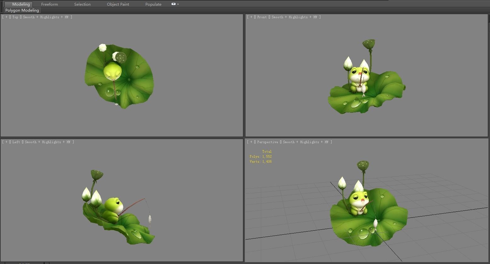 Cartoon Frog fishing on lotus leaf Low-poly 3D model_4