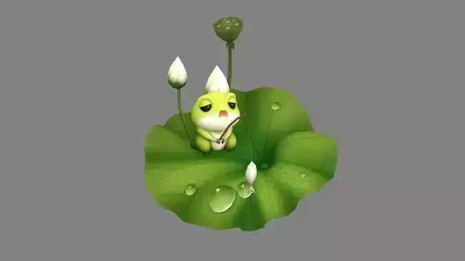 Cartoon Frog fishing on lotus leaf