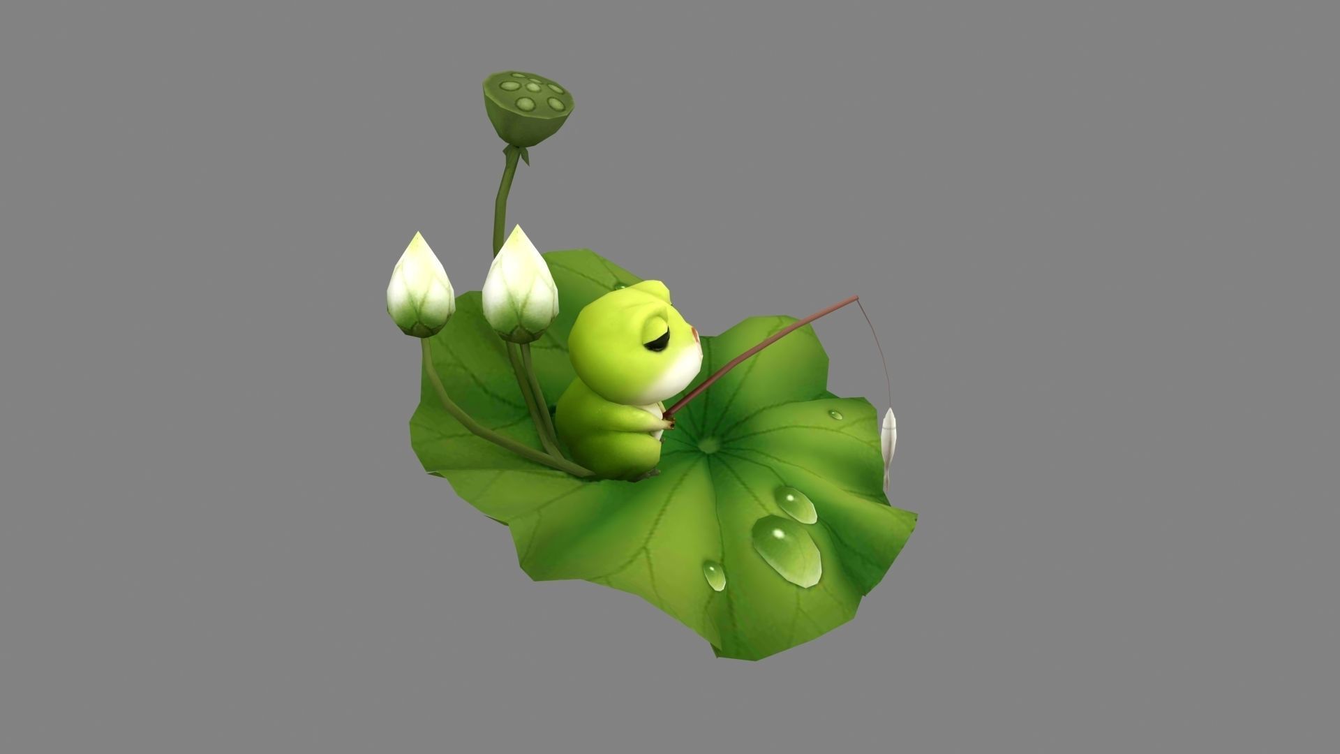 Cartoon Frog fishing on lotus leaf Low-poly 3D model_2