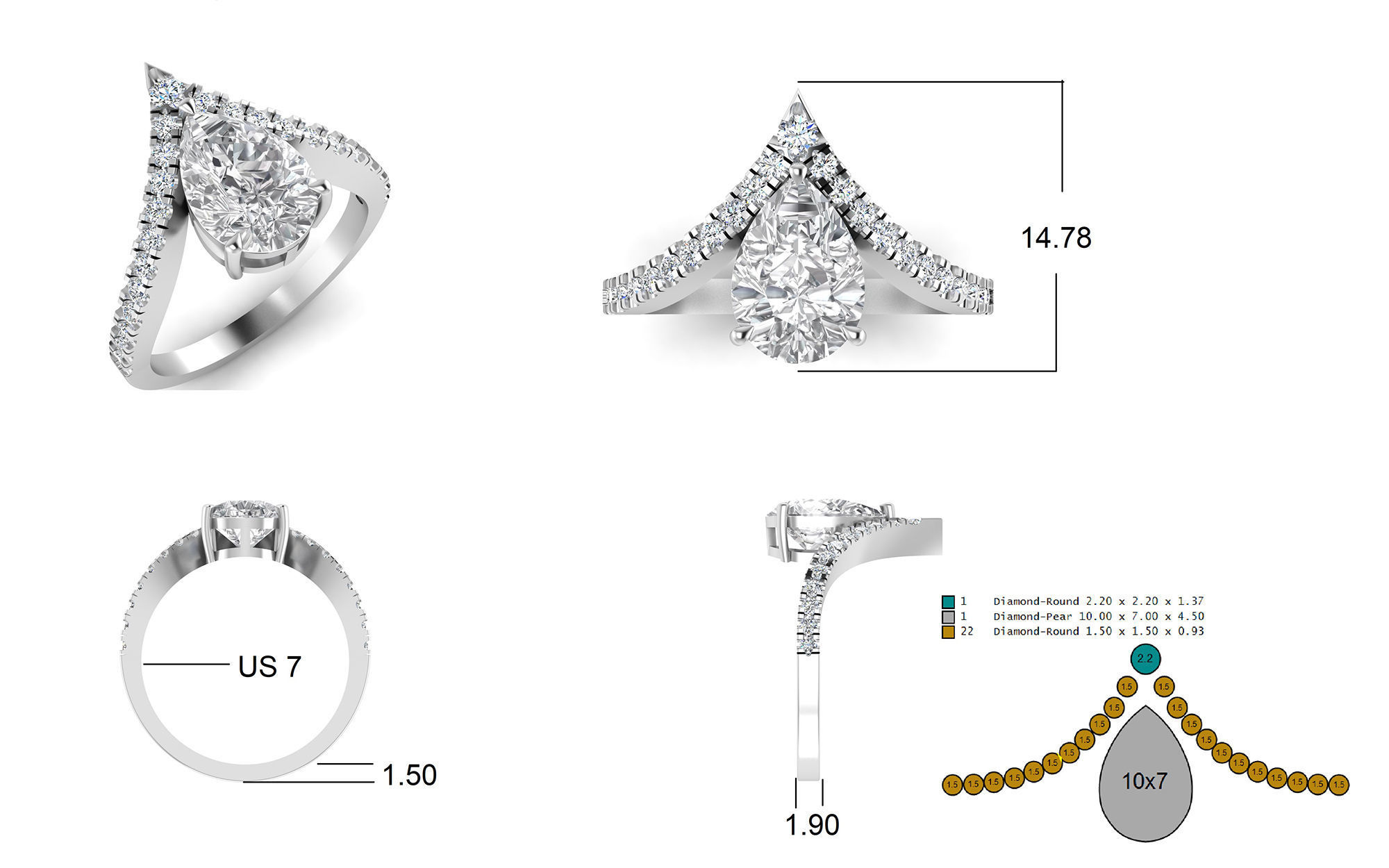 3DM Format Pear shaped engagement ring 14k gold weight 4g 3D print model_2