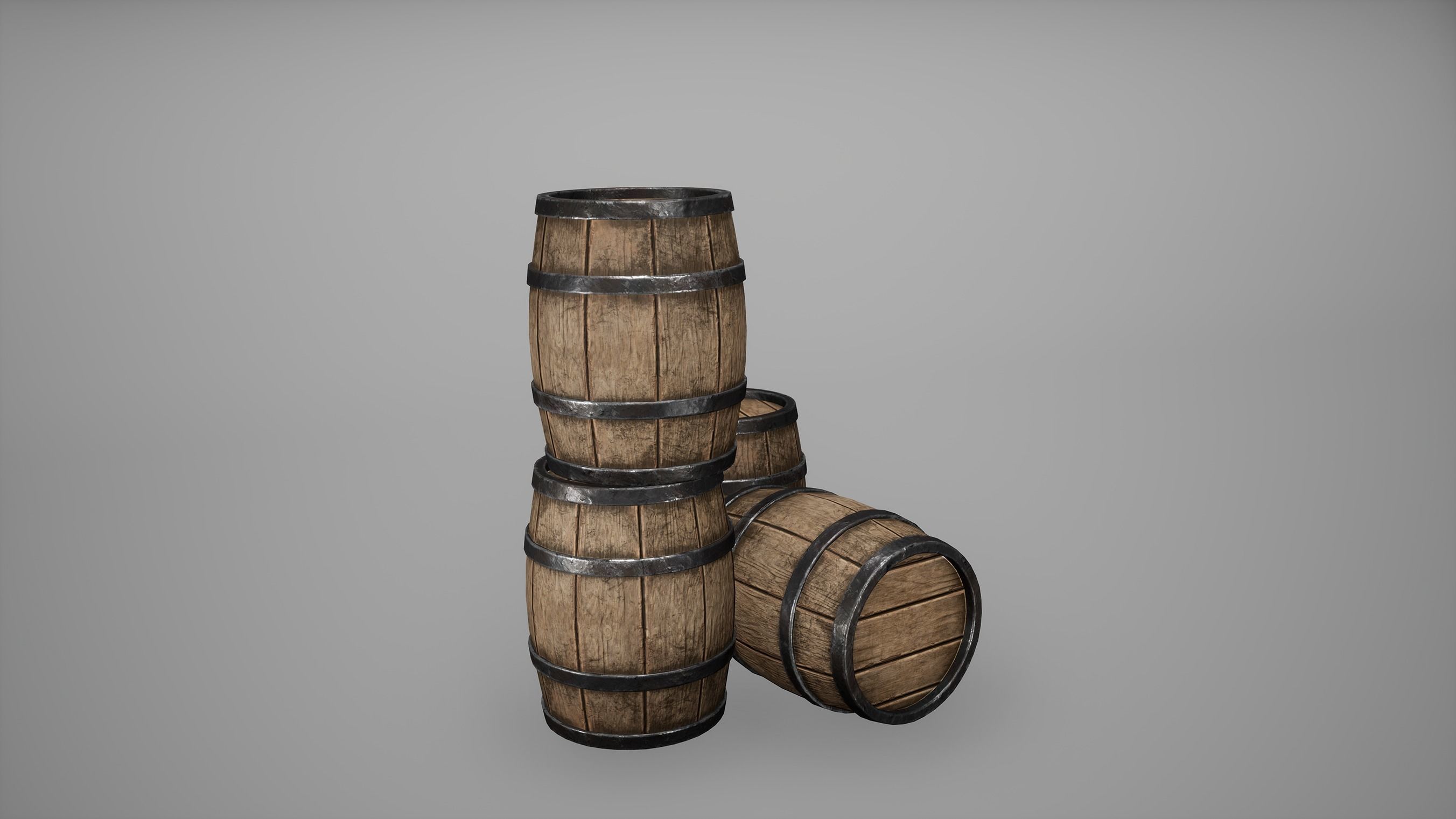 Barrel Set Low Poly Game Ready of wooden barrels Low-poly 3D model_6