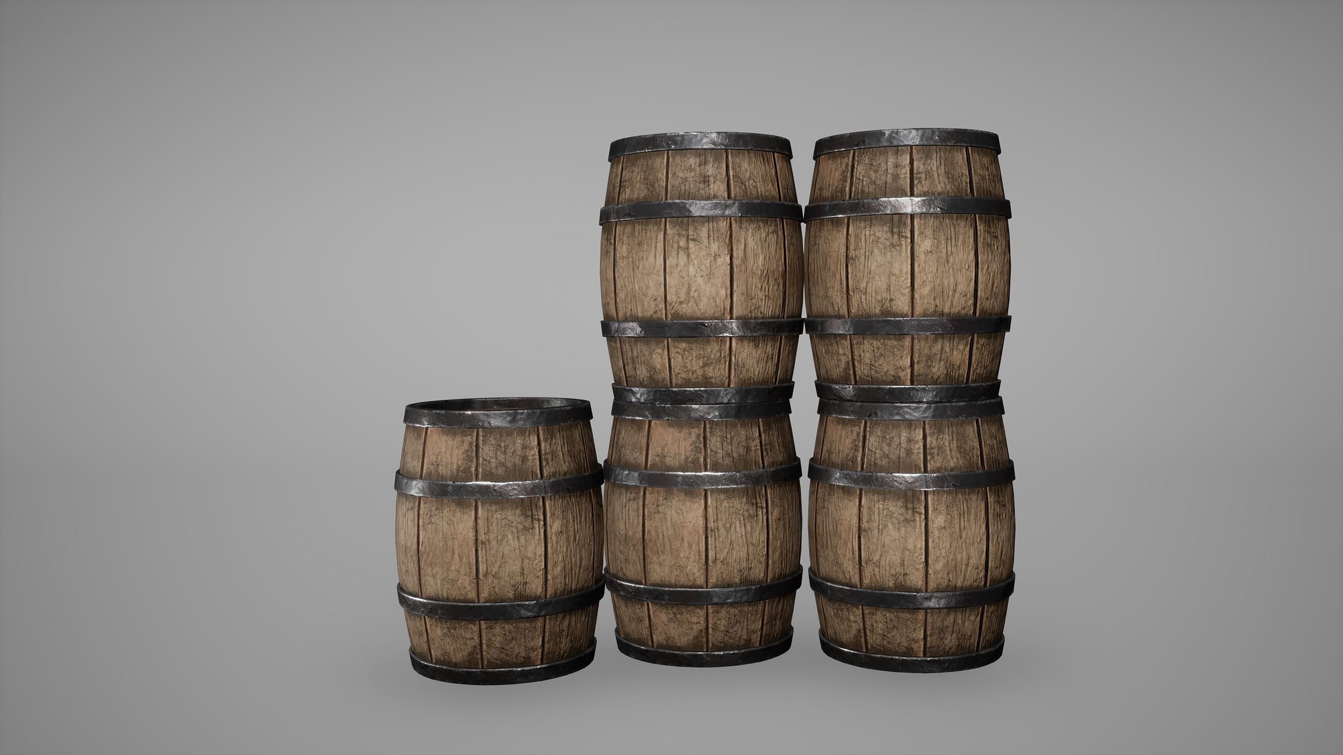 Barrel Set Low Poly Game Ready of wooden barrels Low-poly 3D model_21