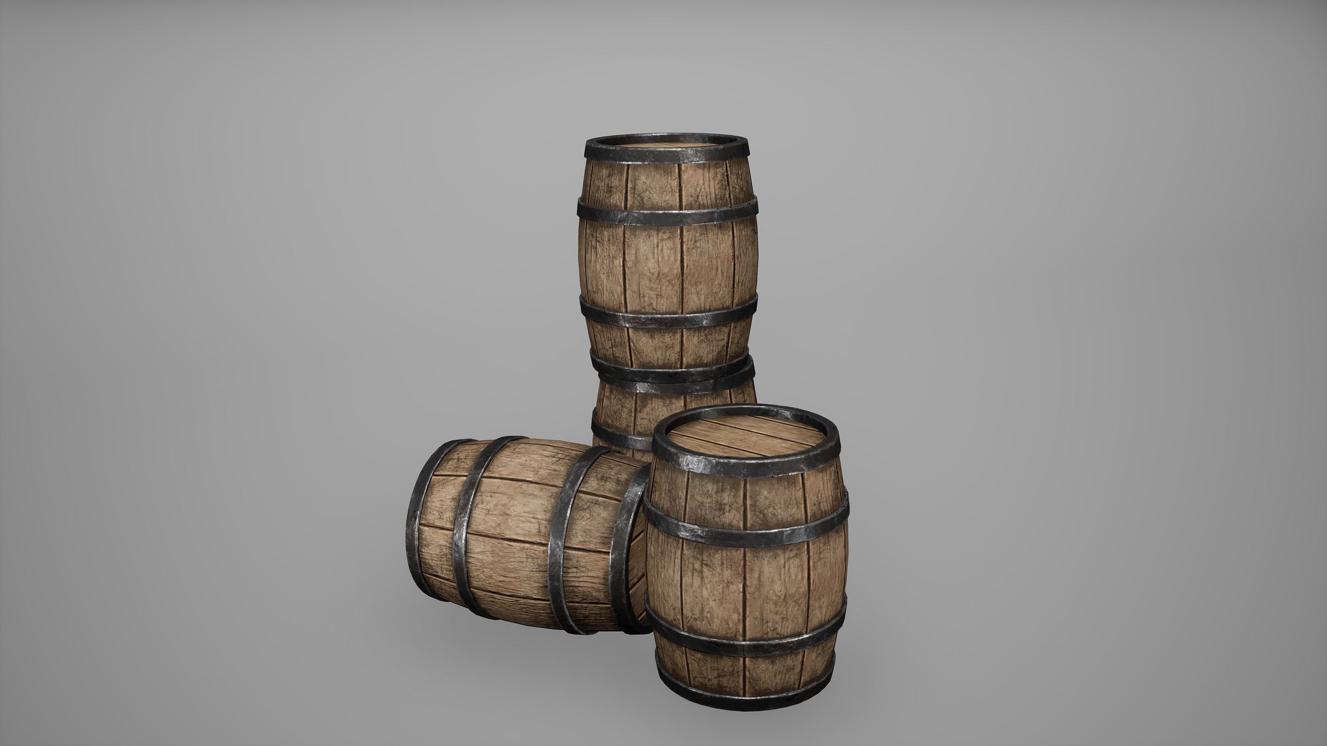 Barrel Set Low Poly Game Ready of wooden barrels Low-poly 3D model_9