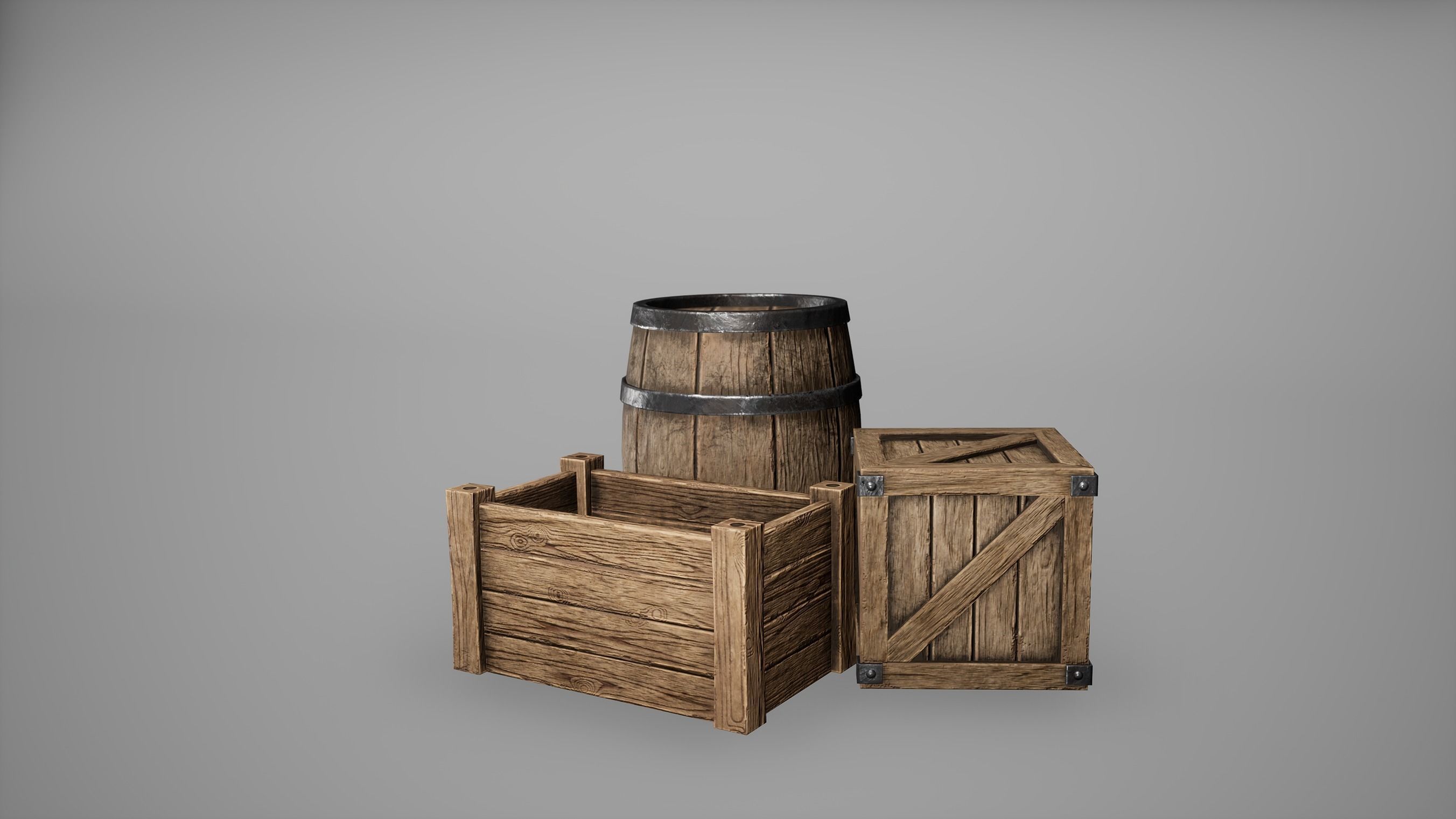 Barrel Set Low Poly Game Ready of wooden barrels Low-poly 3D model_27