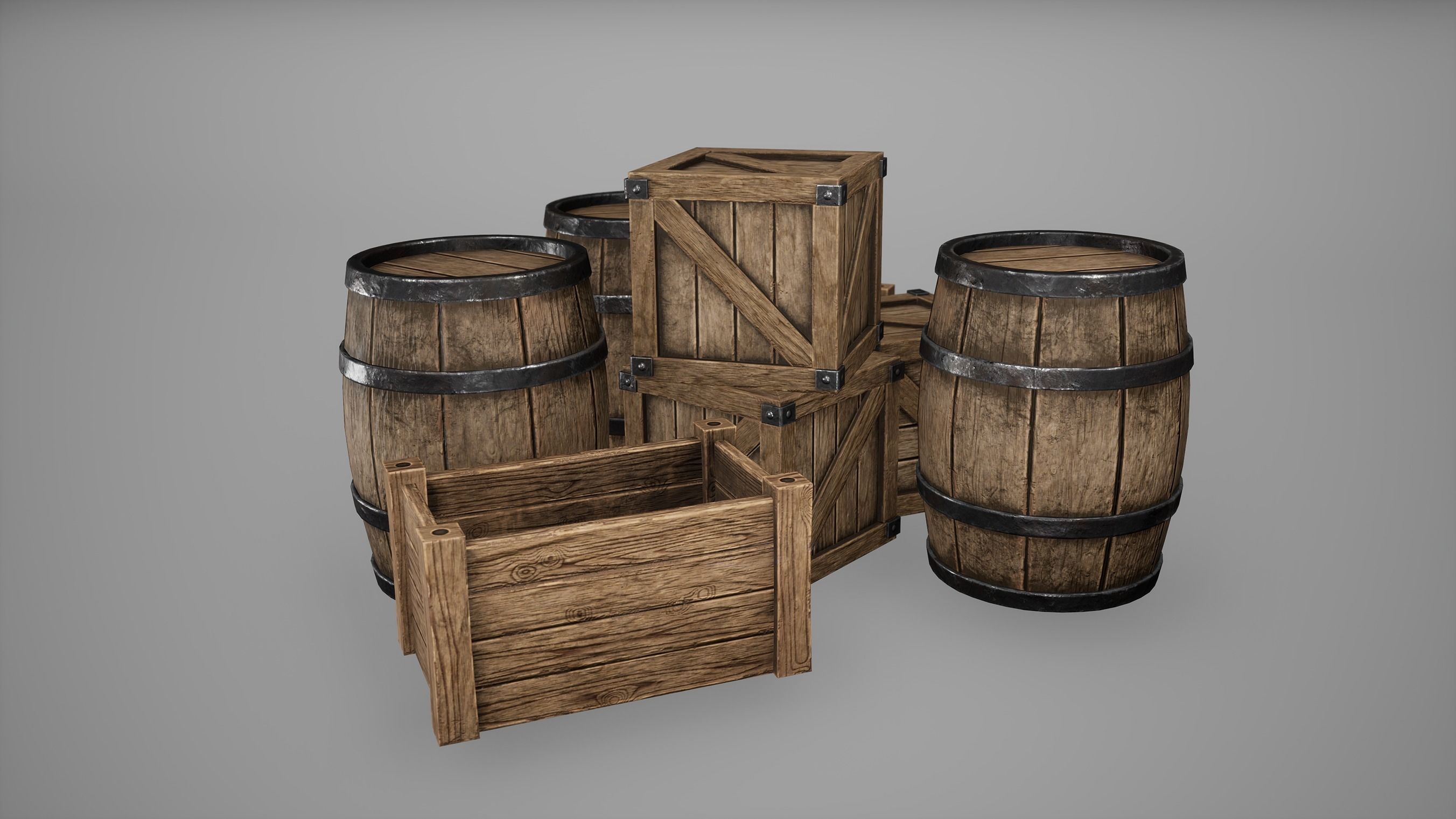 Barrel Set Low Poly Game Ready of wooden barrels Low-poly 3D model_31