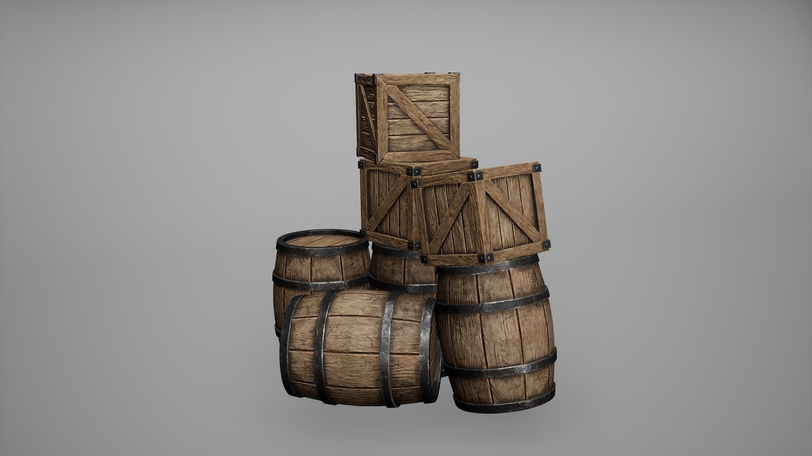 Barrel Set Low Poly Game Ready of wooden barrels Low-poly 3D model_2