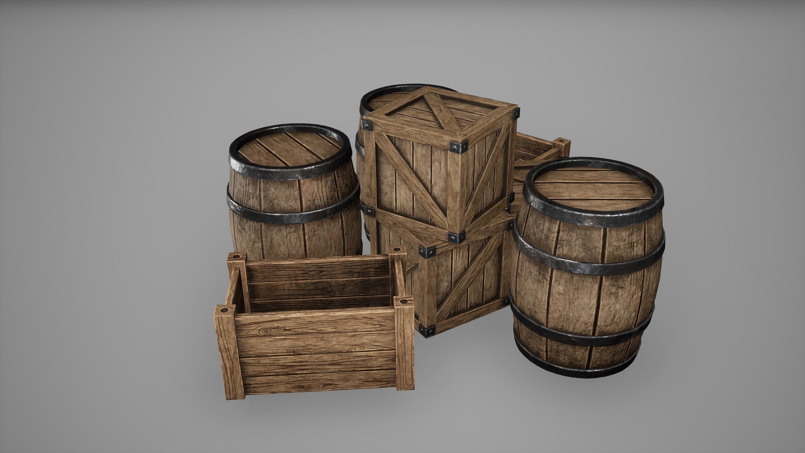Barrel Set Low Poly Game Ready of wooden barrels Low-poly 3D model_29