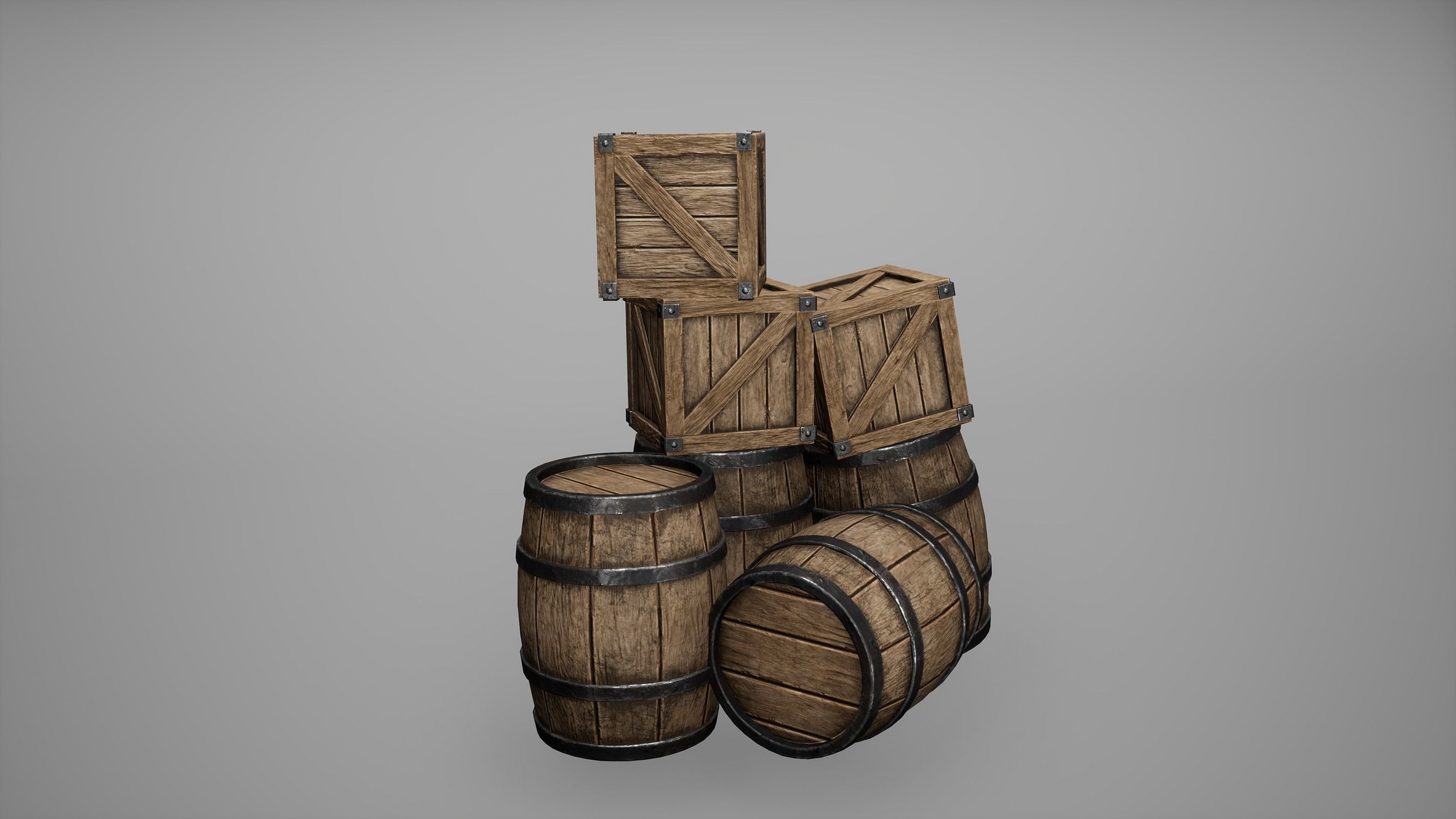 Barrel Set Low Poly Game Ready of wooden barrels Low-poly 3D model_3