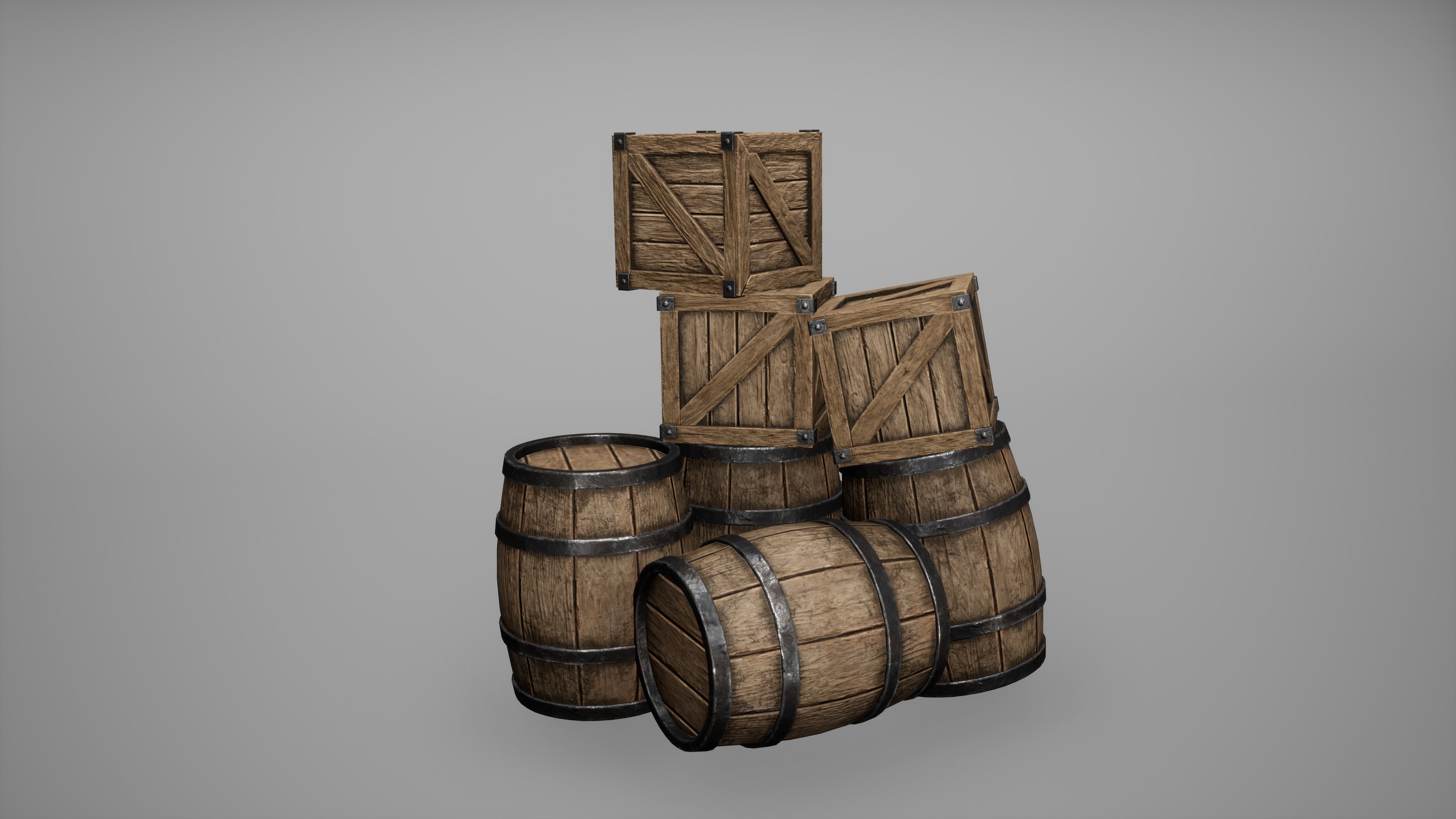 Barrel Set Low Poly Game Ready of wooden barrels Low-poly 3D model_5