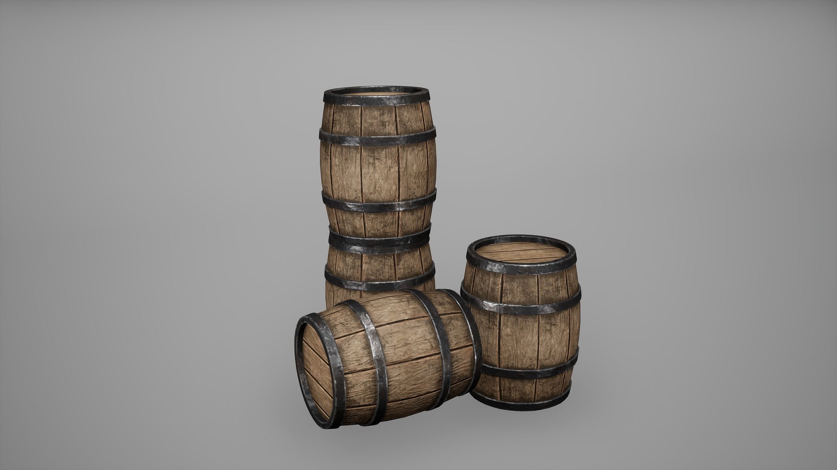 Barrel Set Low Poly Game Ready of wooden barrels Low-poly 3D model_7