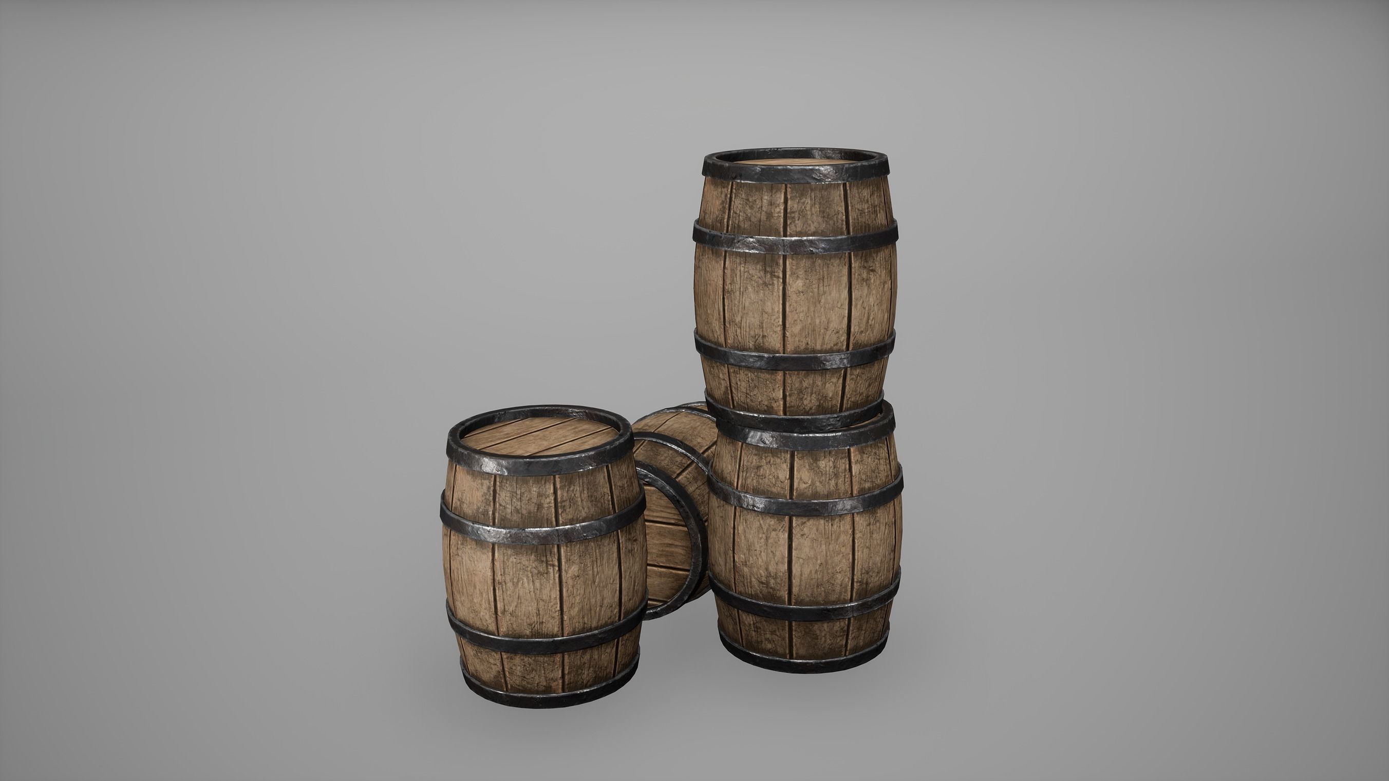 Barrel Set Low Poly Game Ready of wooden barrels Low-poly 3D model_10