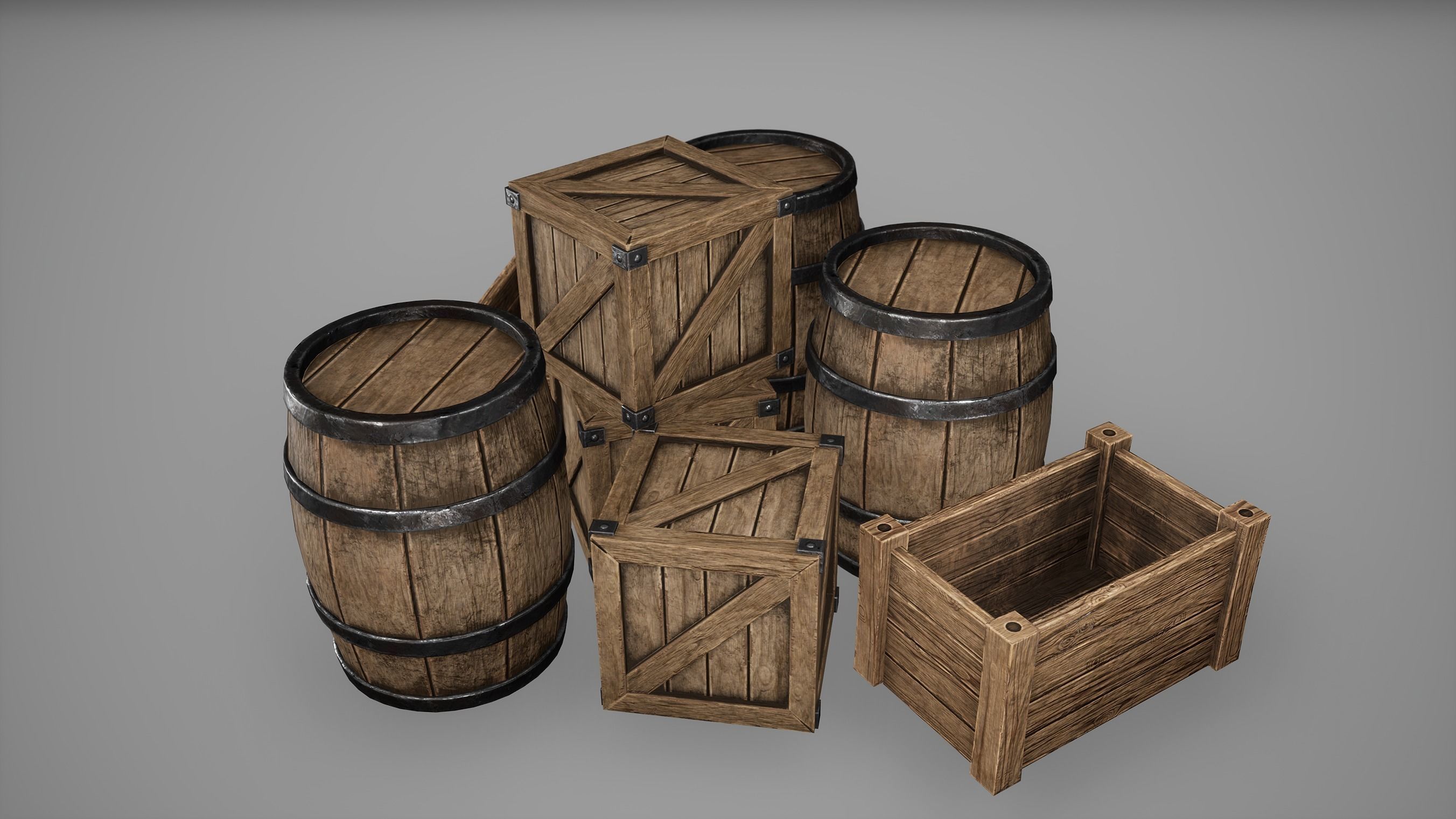 Barrel Set Low Poly Game Ready of wooden barrels Low-poly 3D model_32