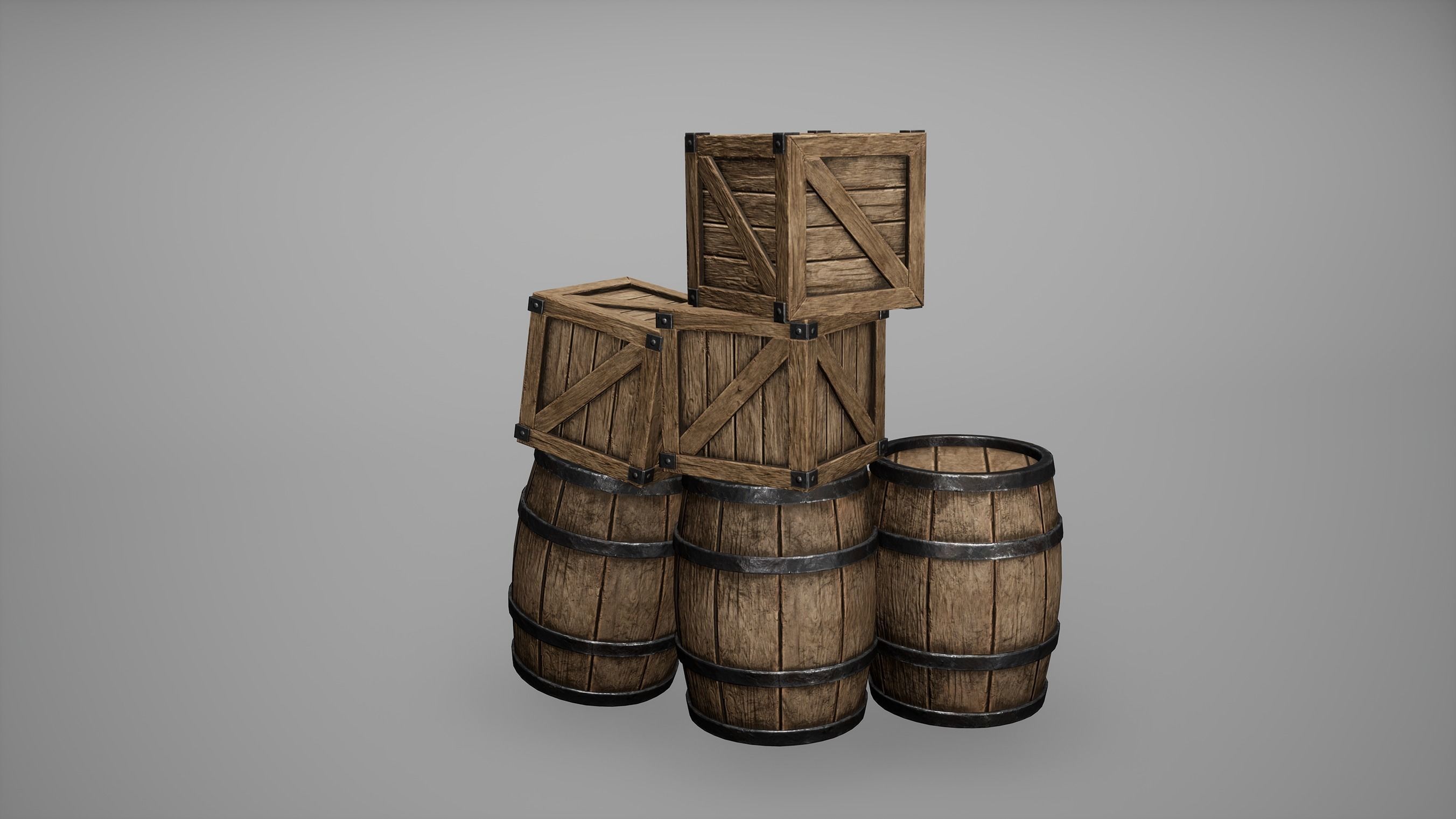 Barrel Set Low Poly Game Ready of wooden barrels Low-poly 3D model_4