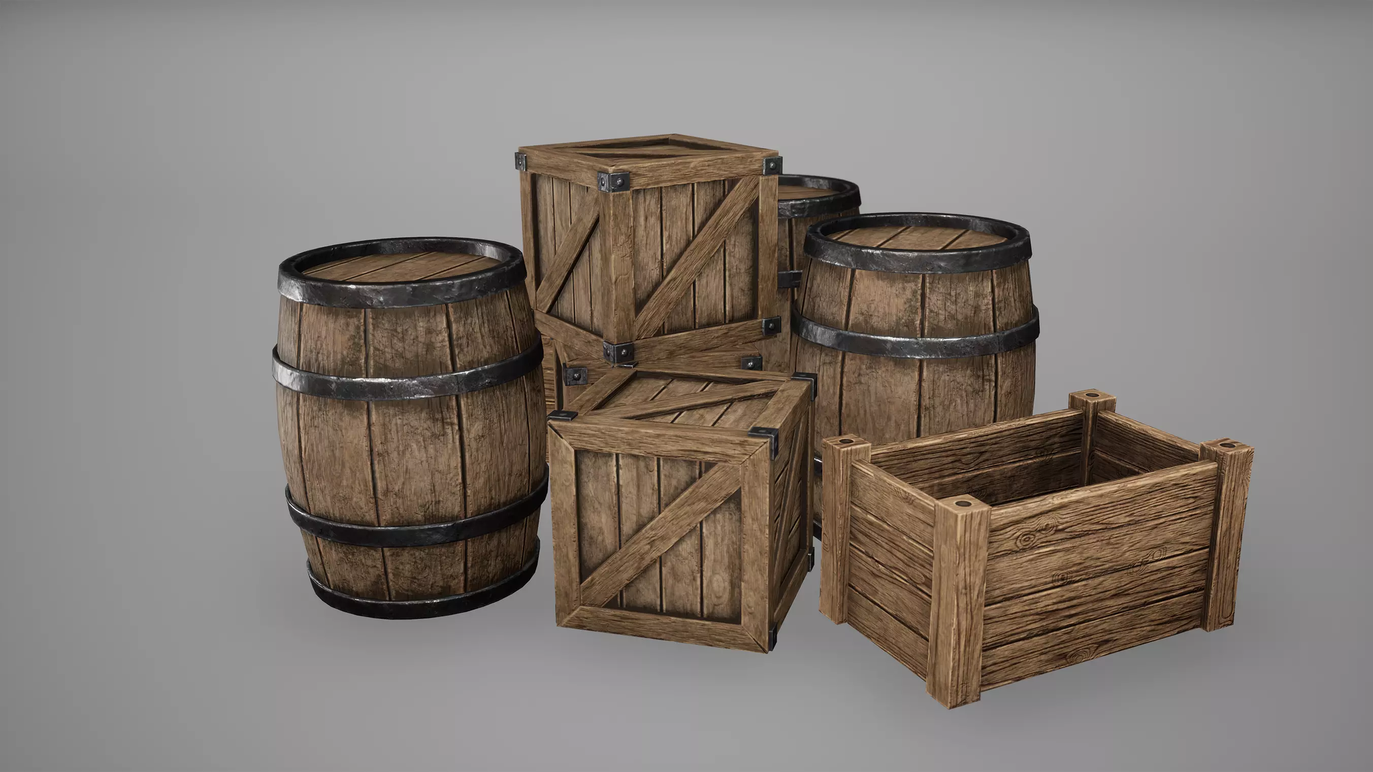 Barrel Set Low Poly Game Ready of wooden barrels Low-poly 3D model_0