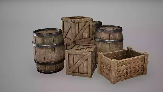 Barrel Set Low Poly Game Ready of wooden barrels Low-poly 3D model