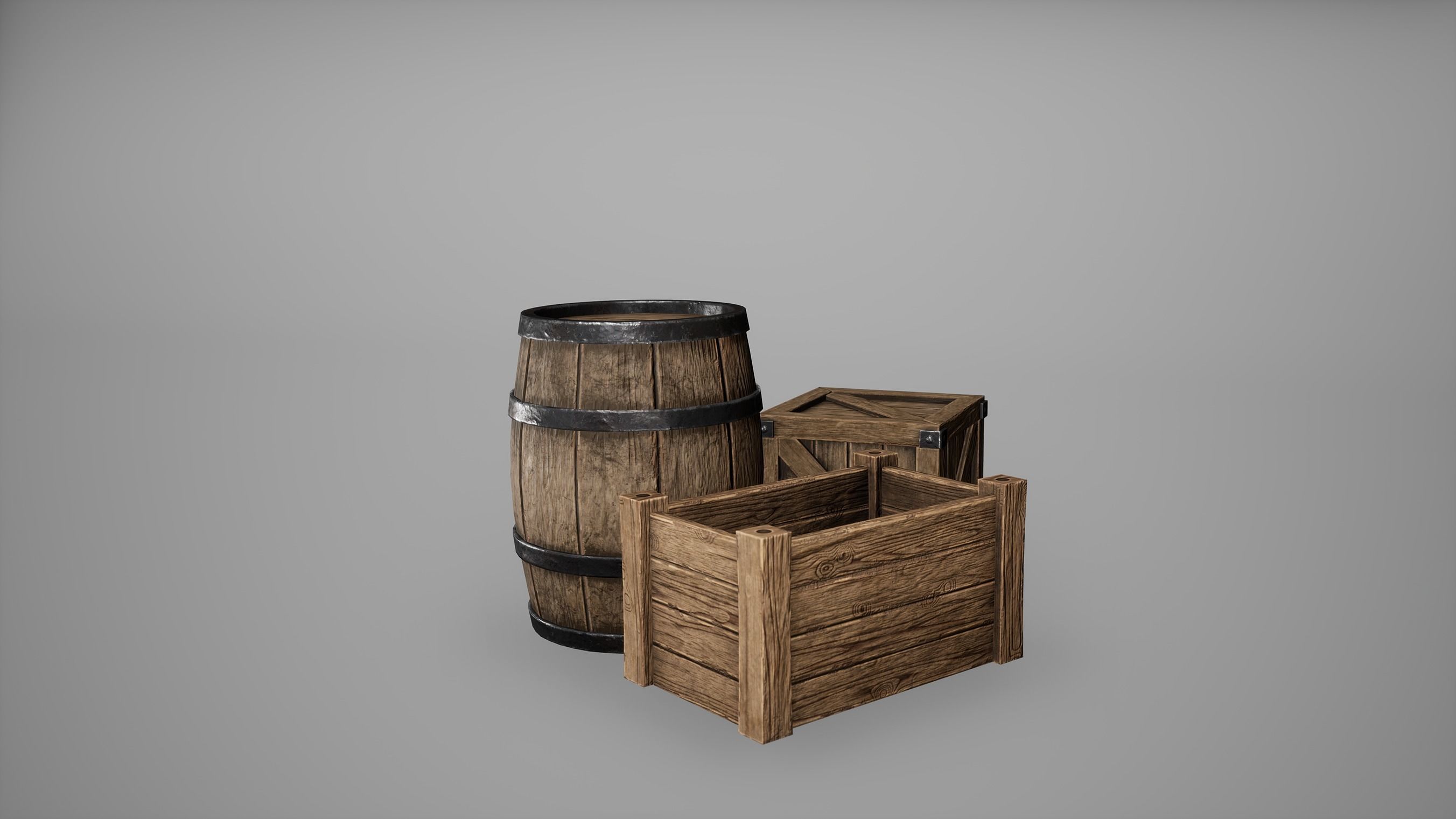 Barrel Set Low Poly Game Ready of wooden barrels Low-poly 3D model_24