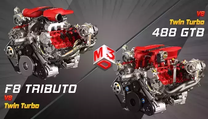 F8 Tributo - 488 GTB Engines - V8 Twin Turbo Engines 2 in 1 3D Model Collection