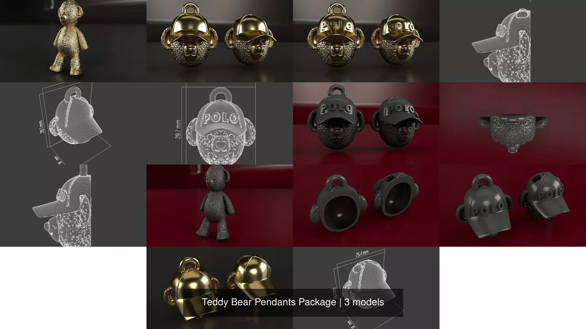 Teddy Bear Pendants Package 3D Model Collection_0