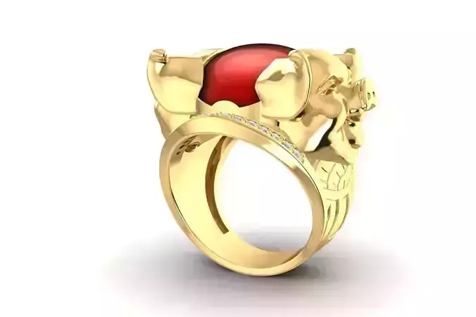 Lucky Pig God Gold Ring with Red Gemstone for Men 1917