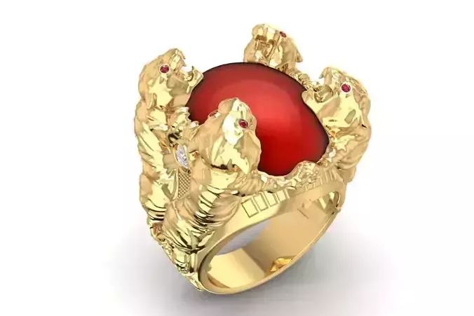 Four Tiger Carved Men Ring with Round Red Stone 1915