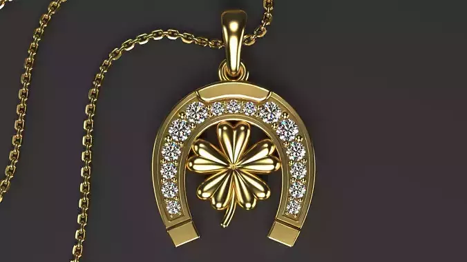 Horseshoe pendant with Clover and Gems