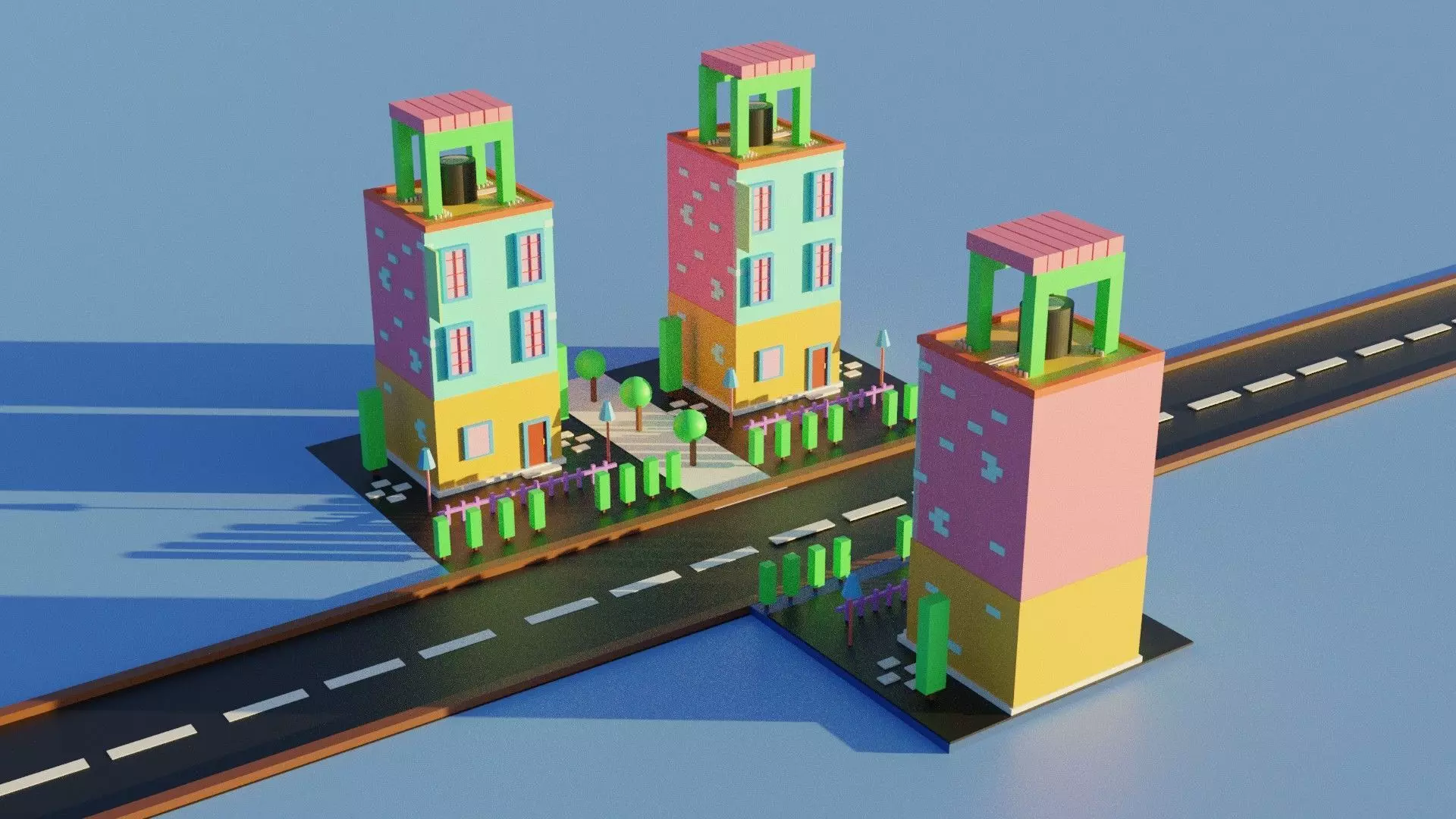A 3d Building Low Poly Model three buildings on road Low-poly 3D model_0