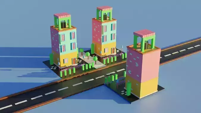 A 3d Building Low Poly Model three buildings on road