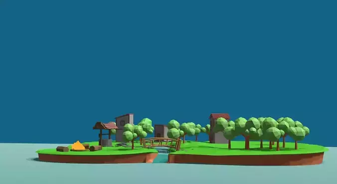 3d village low poly map of forest