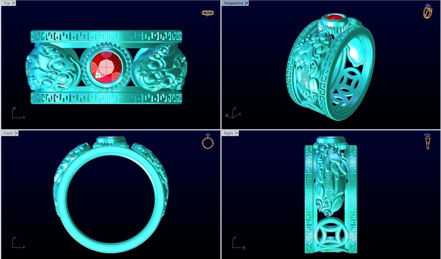 Double Pixiu ring - Unicorn ring  3D print model_1