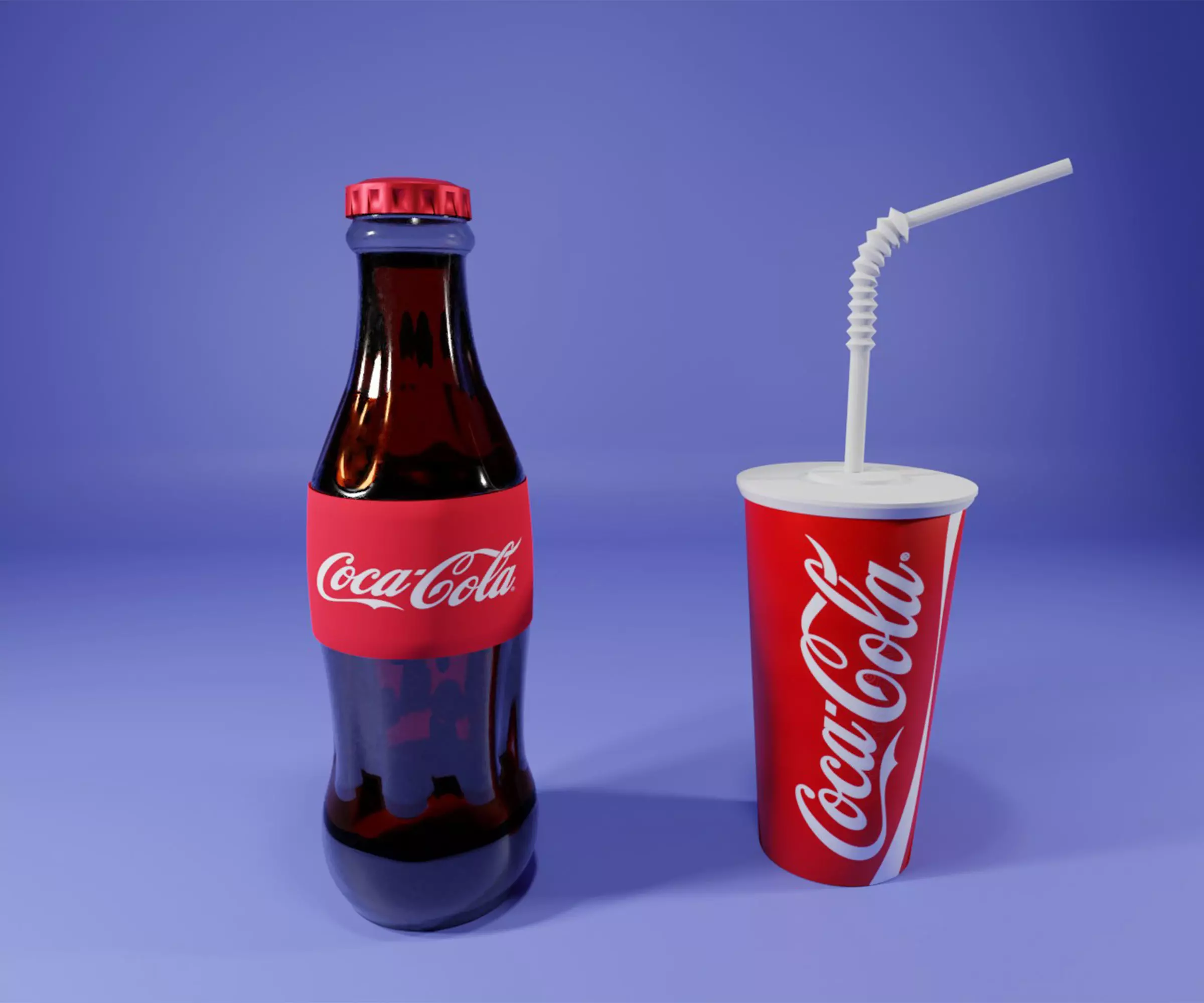 Bottle of coca cola with disposable cup of coca cola 3D model
