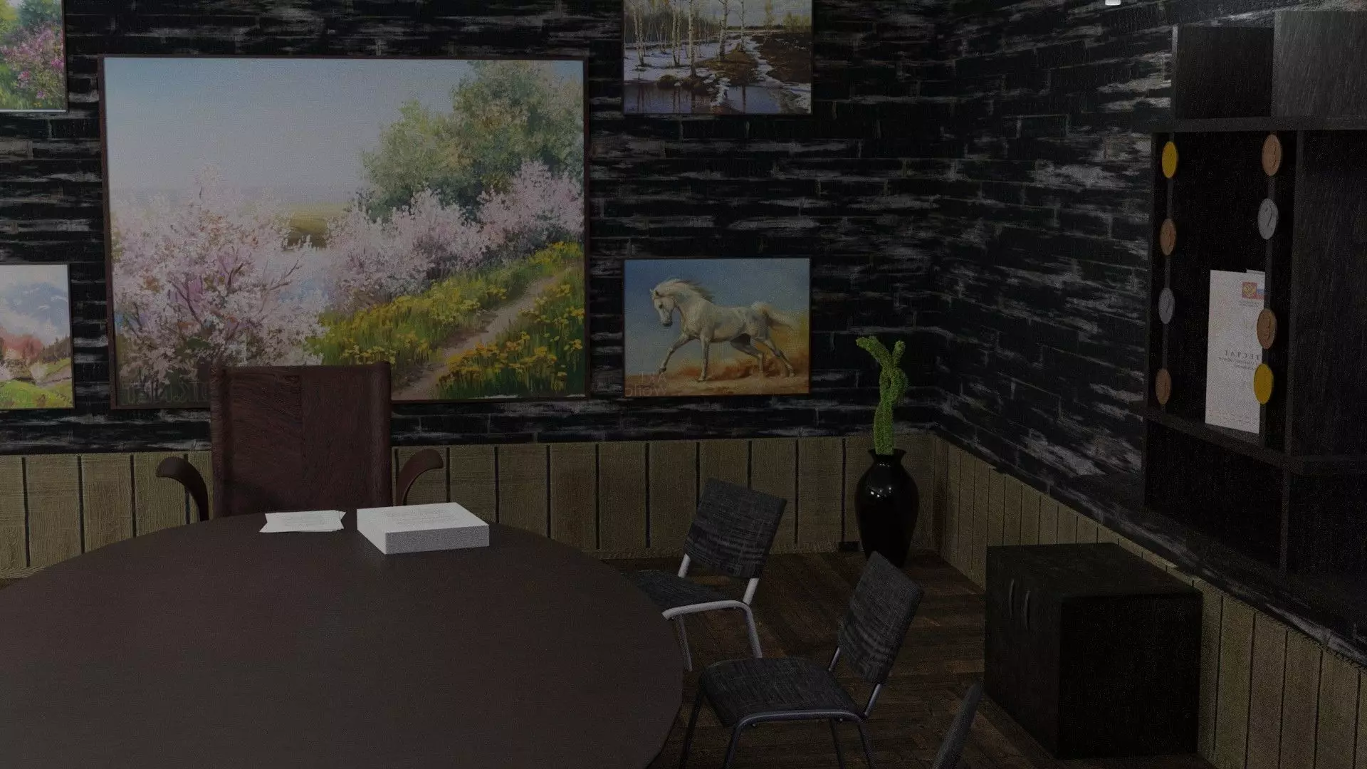 Office conference room with paintings on wall Low-poly 3D model