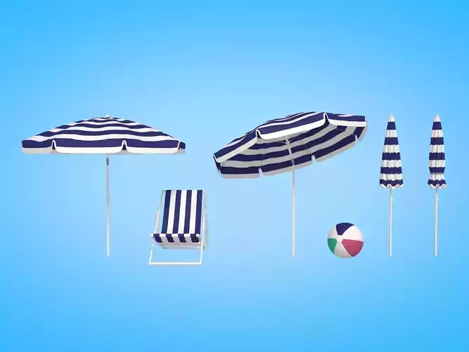 Summer Beach - Pack -- Umbrella Sun Parasol Chair Lounger Ball Low-poly 3D model