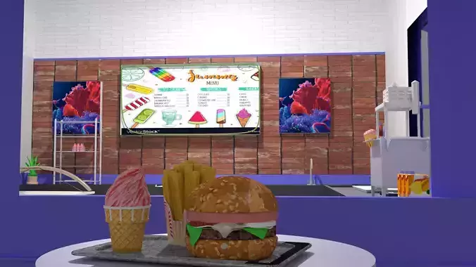 3d designing ice cream shop with burgers and drinks