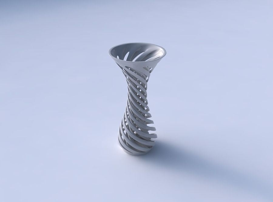 Vase curved funnel top with twisted two layered lines 3D print model_3