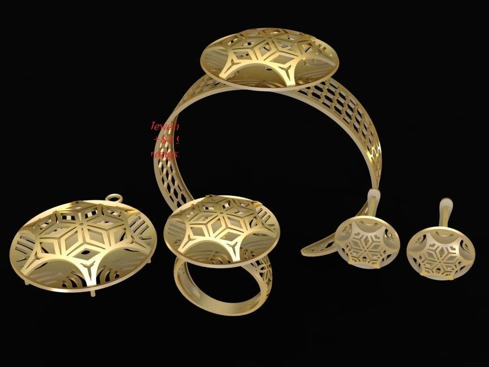 3D Jewelry Set Hexagon Geometric Ring Earrings Bracelet Pen 2128 3D print model_1