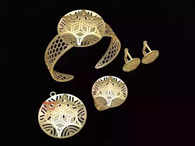 3D Jewelry Set Hexagon Geometric Ring Earrings Bracelet Pen 2128