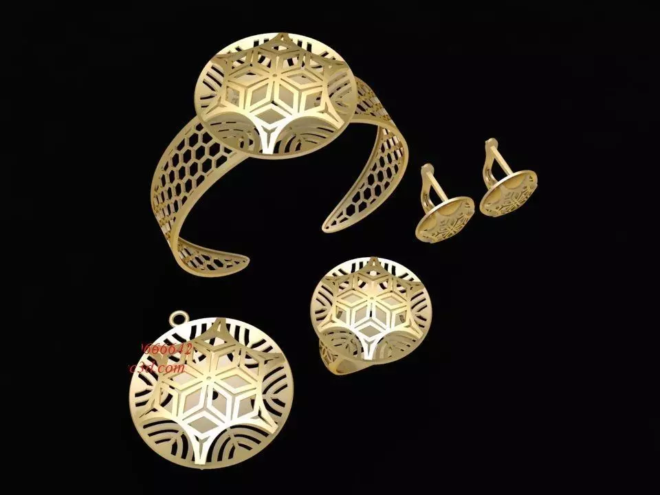 3D Jewelry Set Hexagon Geometric Ring Earrings Bracelet Pen 2128 3D print model_0