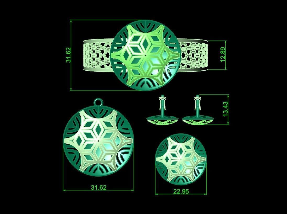 3D Jewelry Set Hexagon Geometric Ring Earrings Bracelet Pen 2128 3D print model_5