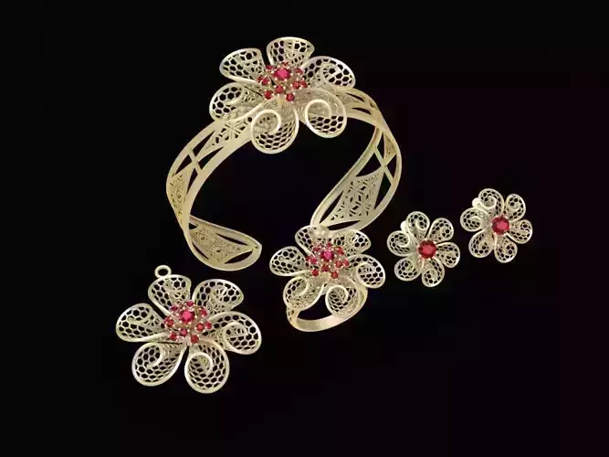 Floral Jewelry Set Ring Bracelet Earrings Pendant 3D Model 2132