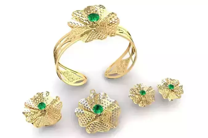 Flower Jewelry Set Ring Earrings Bracelet 3D 2135