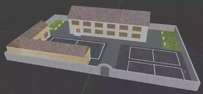 school house with tennis court