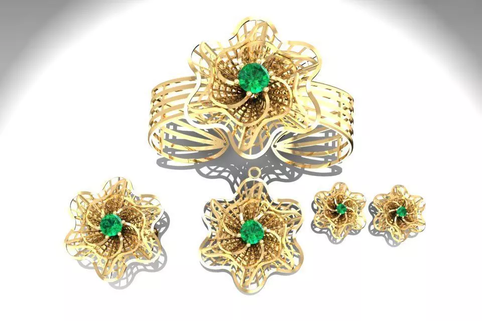 Floral Jewelry Set with Gemstone Ring Bracelet Earrings Pen 2138 3D print model_0