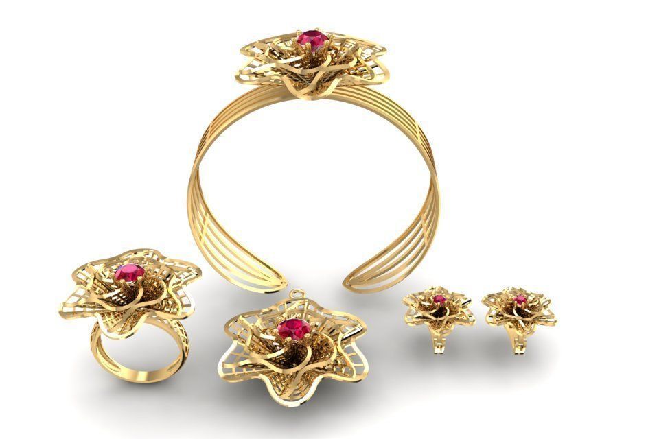 Floral Jewelry Set with Gemstone Ring Bracelet Earrings Pen 2138 3D print model_4