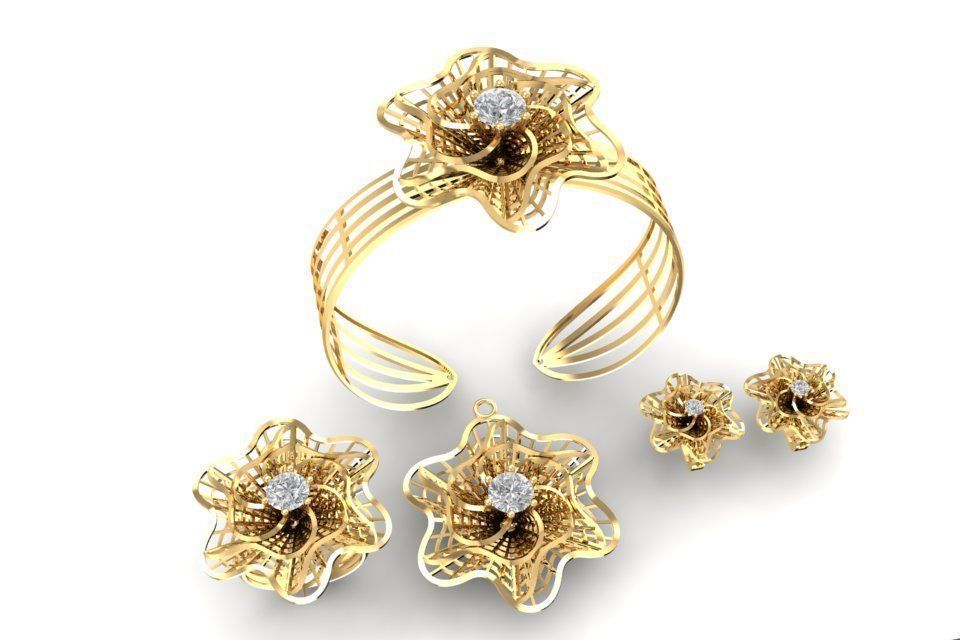 Floral Jewelry Set with Gemstone Ring Bracelet Earrings Pen 2138 3D print model_5