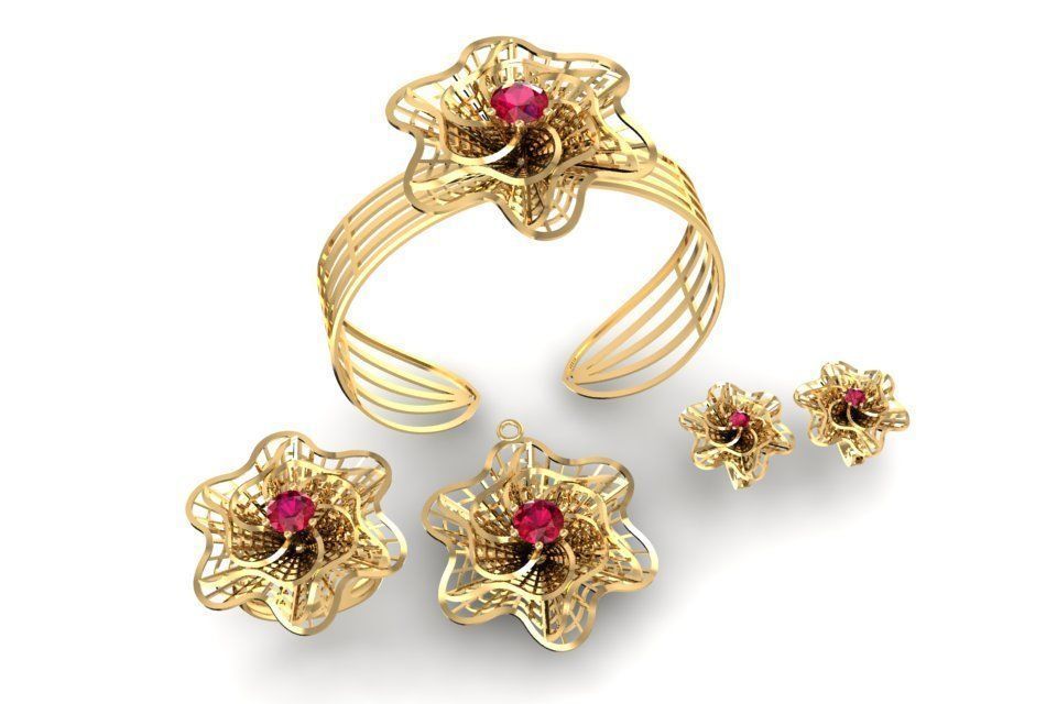 Floral Jewelry Set with Gemstone Ring Bracelet Earrings Pen 2138 3D print model_3