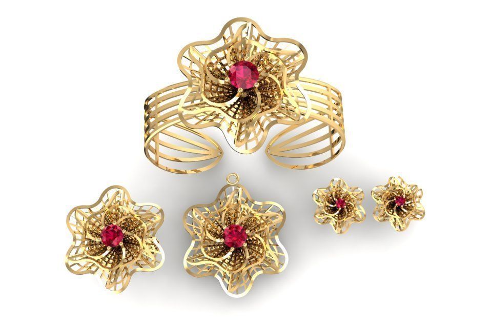 Floral Jewelry Set with Gemstone Ring Bracelet Earrings Pen 2138 3D print model_2