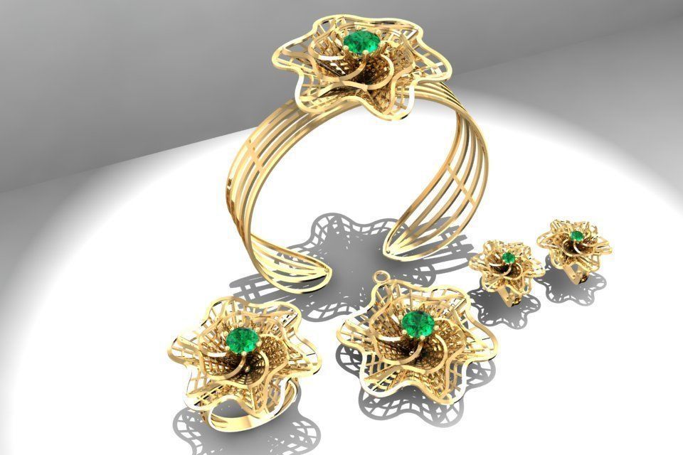 Floral Jewelry Set with Gemstone Ring Bracelet Earrings Pen 2138 3D print model_1