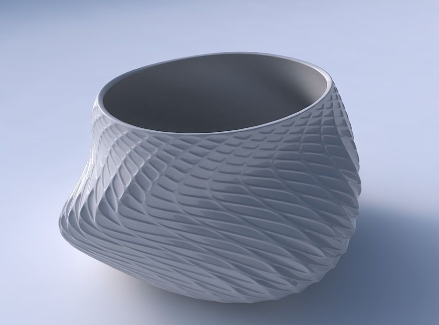 Bowl twisted elipse with twisted diagonal grid dents 3D print model_3