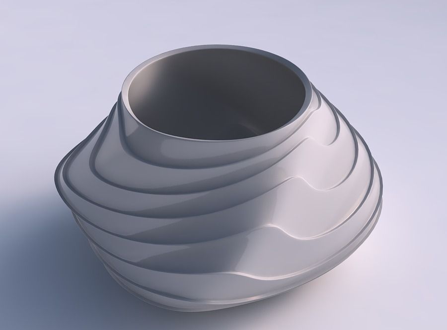 Bowl twisted elipse with horizontal wavy layers 3D print model_0