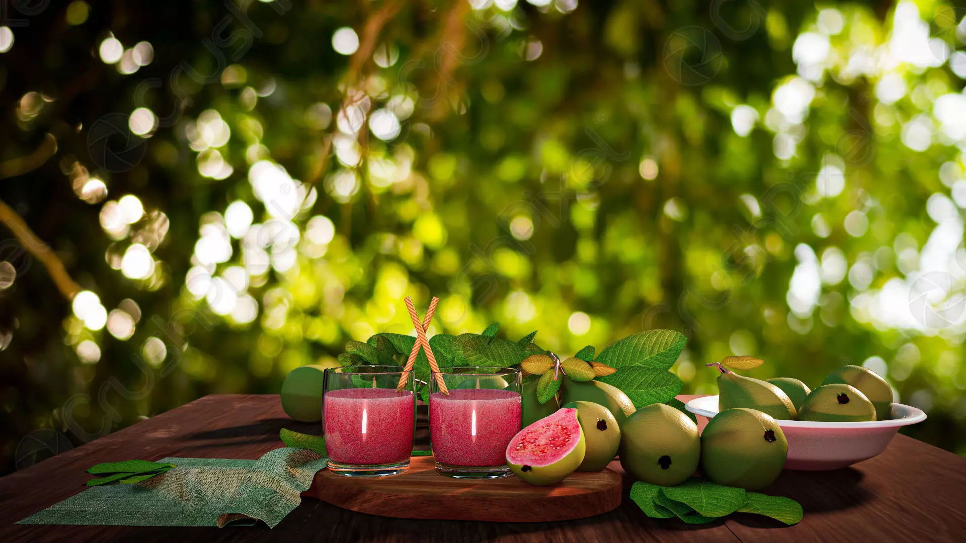 Guava fruit and juice on wooden table 3D model